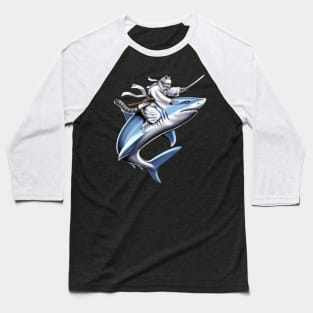 Cat Samurai Ninja Riding Shark Baseball T-Shirt